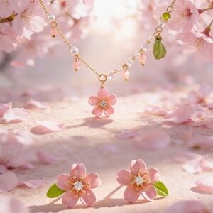 Cherry Blossom Jewelry Set Pink Flower Necklace & Studs